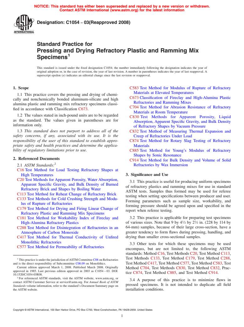 ASTM C1054-03(2008) - tandard Practice for  Pressing and Drying Refractory Plastic and Ramming Mix Specimens