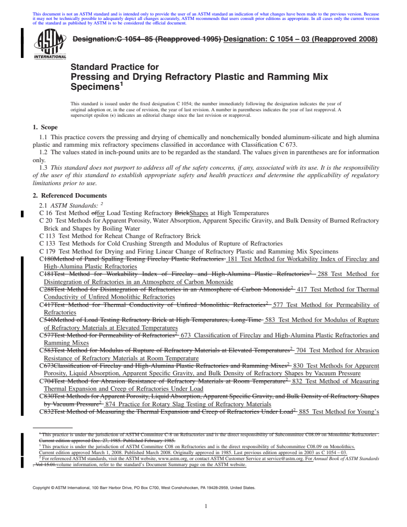 REDLINE ASTM C1054-03(2008) - tandard Practice for  Pressing and Drying Refractory Plastic and Ramming Mix Specimens