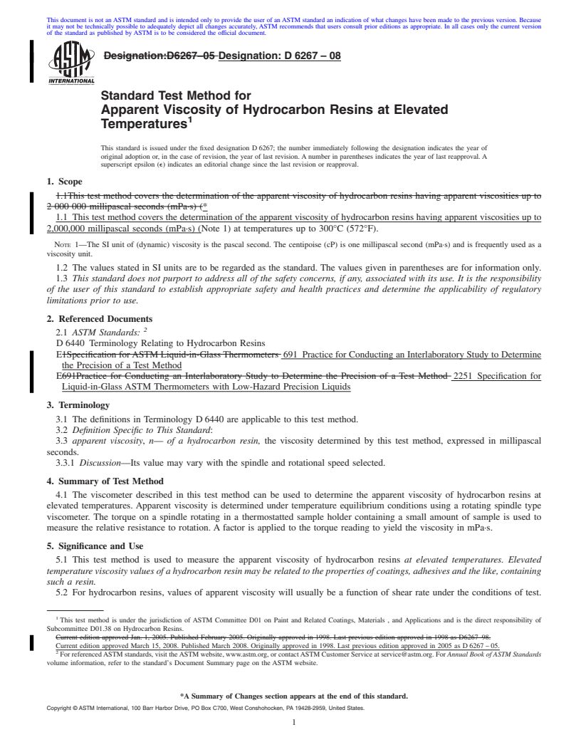 REDLINE ASTM D6267-08 - Standard Test Method for Apparent Viscosity of Hydrocarbon Resins at Elevated Temperatures