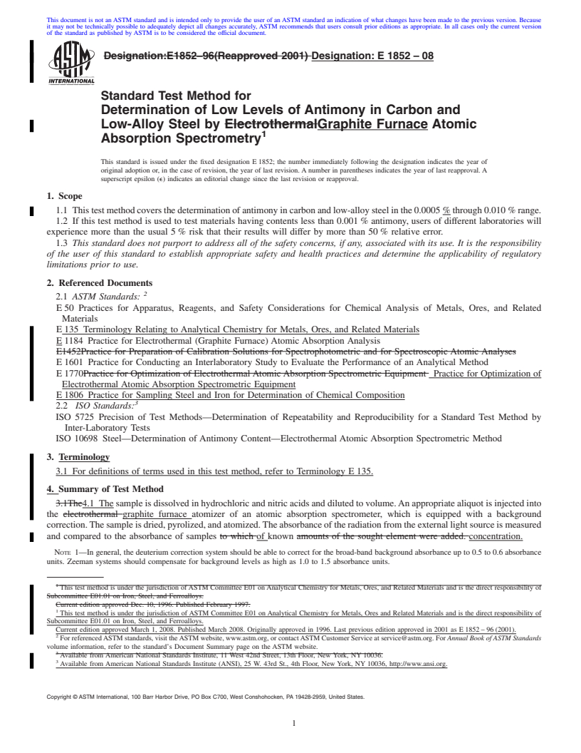 REDLINE ASTM E1852-08 - Standard Test Method for  Determination of Low Levels of Antimony in Carbon and Low-Alloy Steel   by Graphite Furnace Atomic Absorption Spectrometry