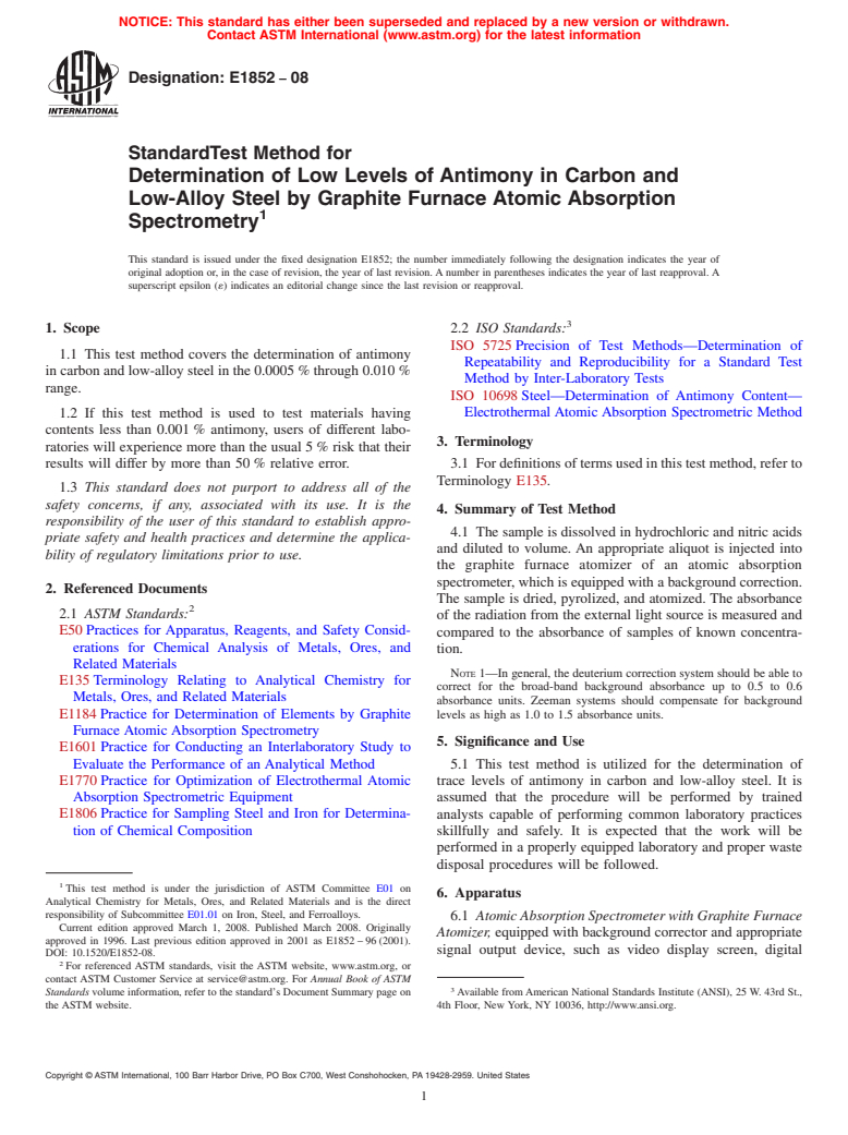 ASTM E1852-08 - Standard Test Method for  Determination of Low Levels of Antimony in Carbon and Low-Alloy Steel   by Graphite Furnace Atomic Absorption Spectrometry