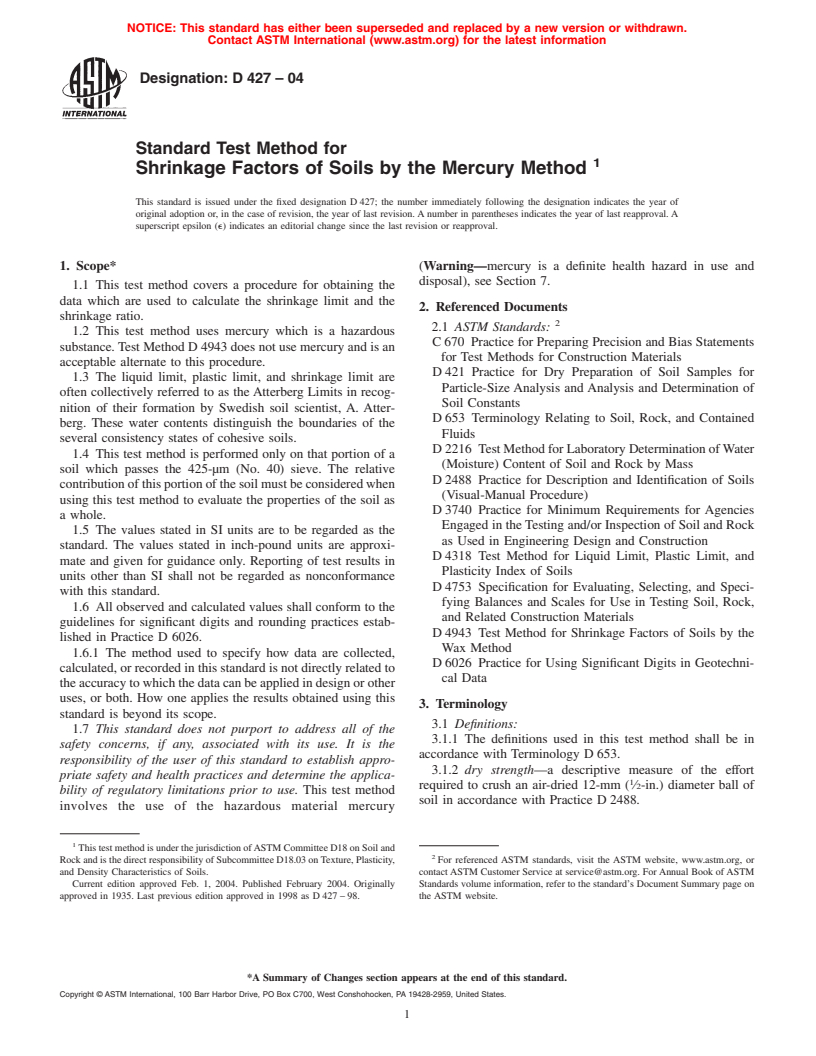 ASTM D427-04 - Test Method for Shrinkage Factors of Soils by the Mercury Method (Withdrawn 2008)