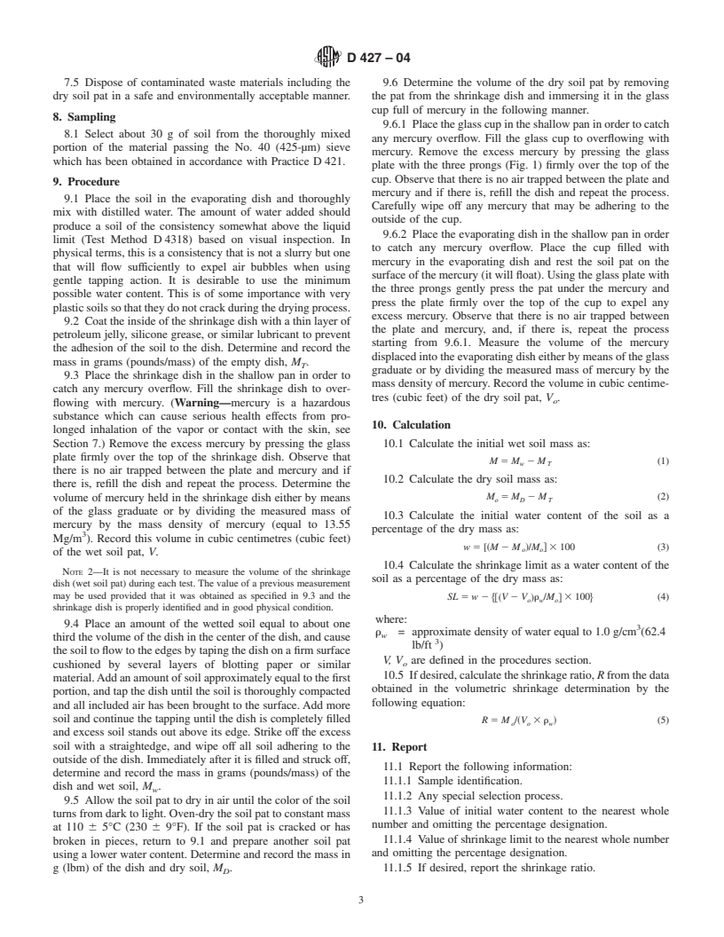 ASTM D427-04 - Test Method for Shrinkage Factors of Soils by the Mercury Method (Withdrawn 2008)