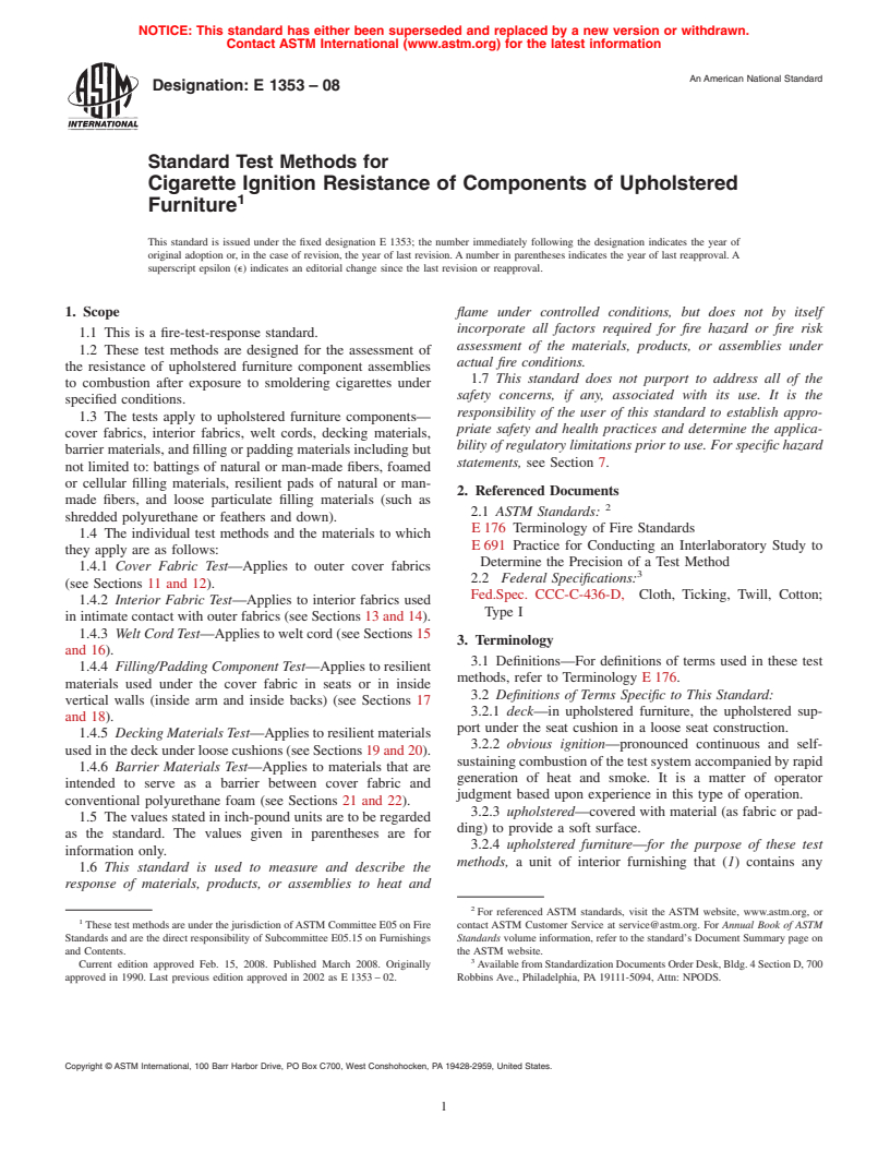 ASTM E1353-08 - Standard Test Methods for Cigarette Ignition Resistance of Components of Upholstered Furniture