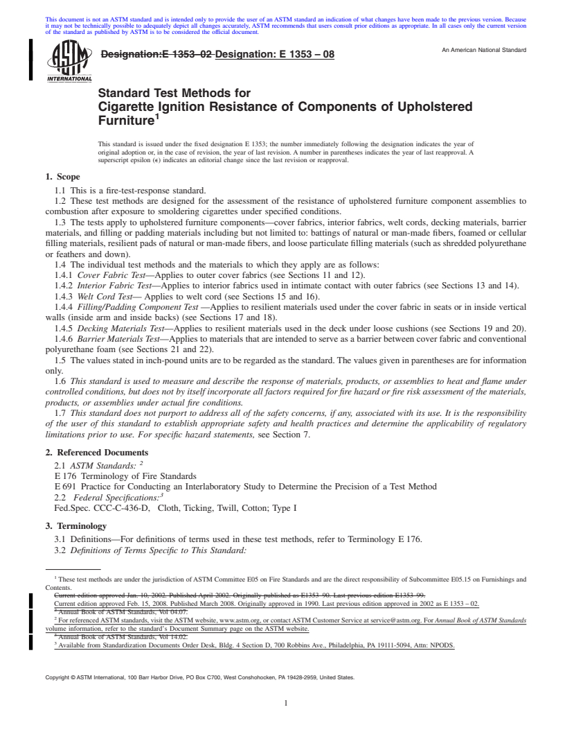 REDLINE ASTM E1353-08 - Standard Test Methods for Cigarette Ignition Resistance of Components of Upholstered Furniture