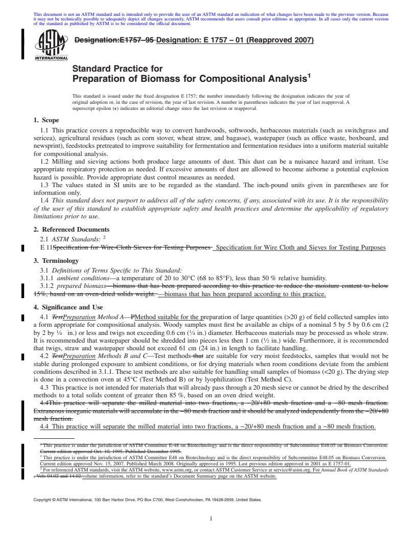 REDLINE ASTM E1757-01(2007) - Standard Practice for  Preparation of Biomass for Compositional Analysis