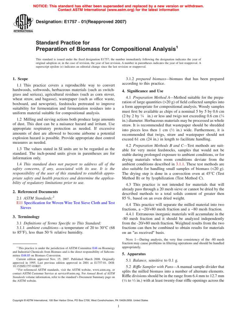 ASTM E1757-01(2007) - Standard Practice for  Preparation of Biomass for Compositional Analysis