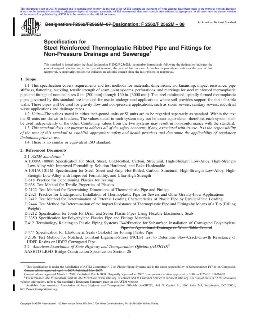 REDLINE ASTM F2562/F2562M-08 - Specification for Steel Reinforced Thermoplastic Ribbed Pipe and Fittings for Non-Pressure  Drainage and Sewerage
