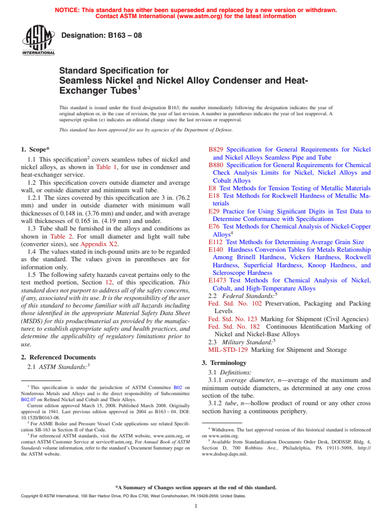 ASTM B163-08 - Standard Specification for  Seamless Nickel and Nickel Alloy Condenser and Heat-Exchanger Tubes