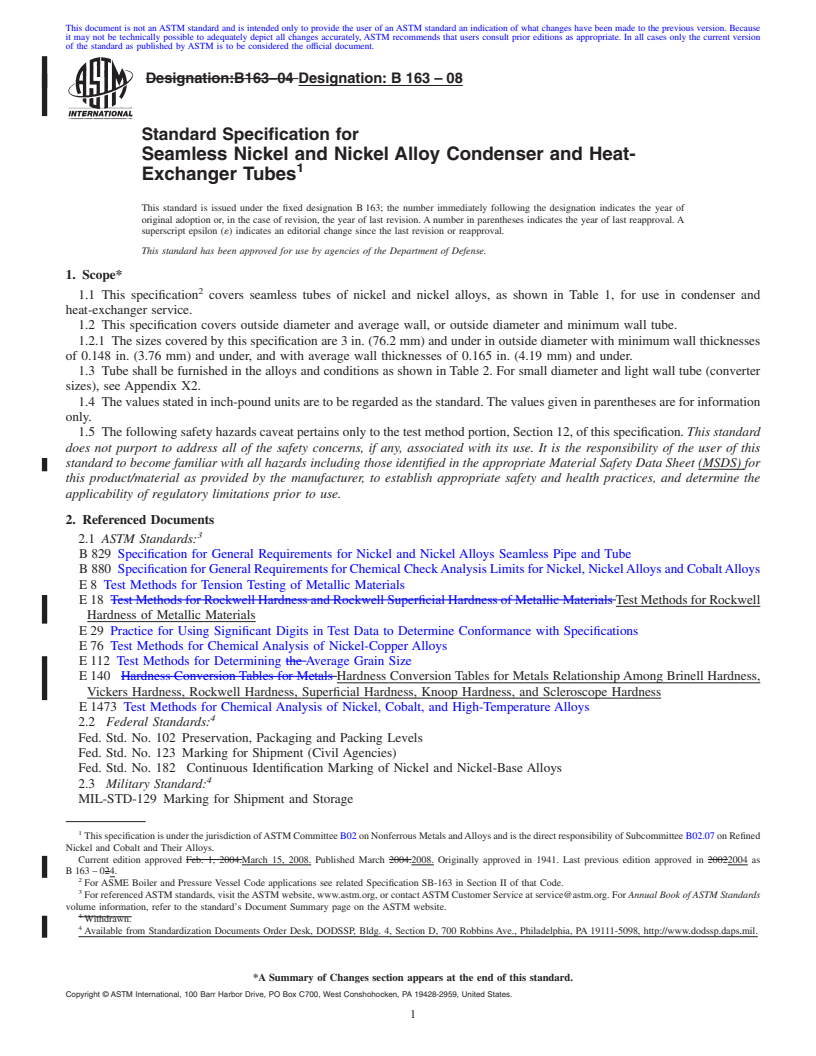 REDLINE ASTM B163-08 - Standard Specification for  Seamless Nickel and Nickel Alloy Condenser and Heat-Exchanger Tubes
