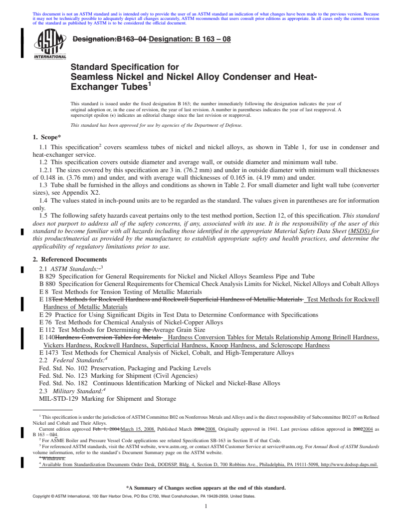 REDLINE ASTM B163-08 - Standard Specification for  Seamless Nickel and Nickel Alloy Condenser and Heat-Exchanger Tubes