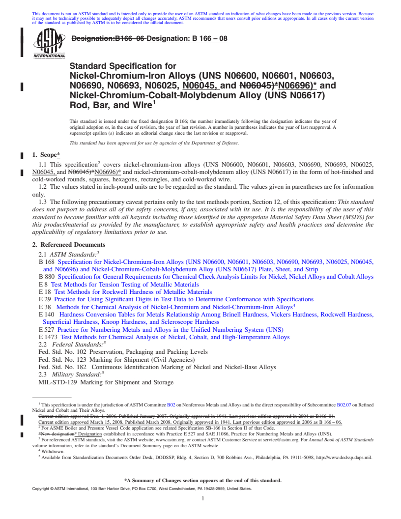 REDLINE ASTM B166-08 - Standard Specification for Nickel-Chromium-Iron Alloys (UNS N06600, N06601, N06603, N06690, N06693,     N06025, N06045, and N06696)* and Nickel-Chromium-Cobalt-Molybdenum Alloy    (UNS N06617)  Rod,  Bar, and Wire