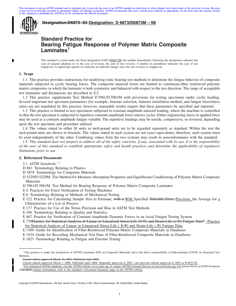 REDLINE ASTM D6873/D6873M-08 - Standard Practice for Bearing Fatigue Response of Polymer Matrix Composite Laminates