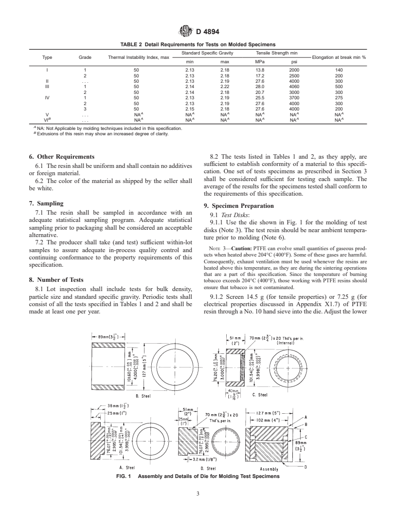 ASTM D4894-98a - Standard Specification for Polytetrafluoroethylene (PTFE) Granular Molding and Ram Extrusion Materials