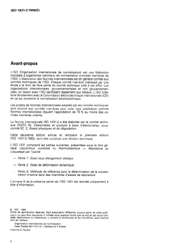 ISO 1431-2:1994 ISO 1431-2:1994 - Caoutchouc vulcanisé ou thermoplastique -- Résistance au craquelage par l'ozone - Page 2 preview