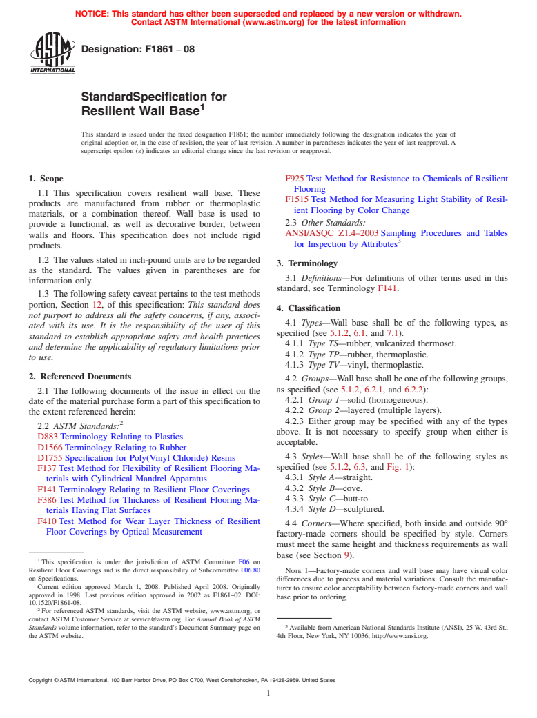 ASTM F1861-08 - Standard Specification for Resilient Wall Base