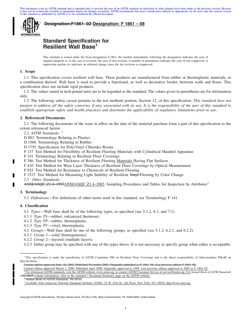 REDLINE ASTM F1861-08 - Standard Specification for Resilient Wall Base