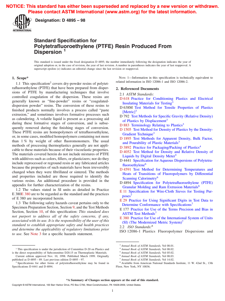 ASTM D4895-98 - Standard Specification for Polytetrafluoroethylene (PTFE) Resin Produced From Dispersion