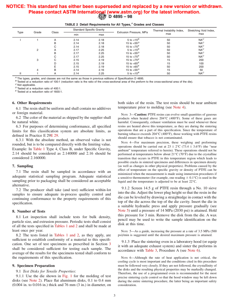 ASTM D4895-98 - Standard Specification for Polytetrafluoroethylene (PTFE) Resin Produced From Dispersion