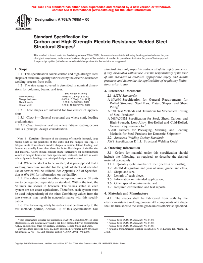 ASTM A769/A769M-00 - Standard Specification for Carbon and High-Strength Electric Resistance Welded Steel Structural Shapes