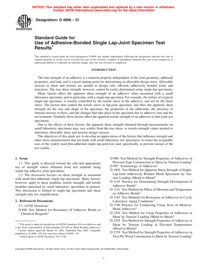 ASTM D4896-01 - Standard Guide for Use of Adhesive-Bonded Single Lap-Joint Specimen Test Results