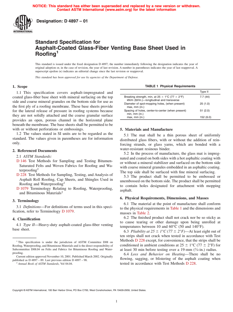 ASTM D4897-01 - Standard Specification for Asphalt-Coated Glass-Fiber Venting Base Sheet Used in Roofing