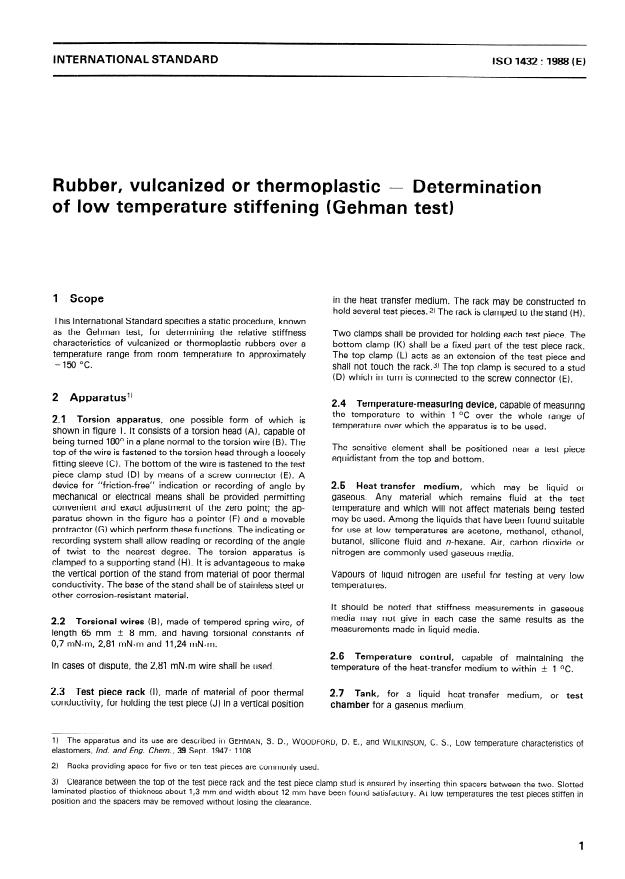 ISO 1432:1988 - Rubber, vulcanized or thermoplastic -- Determination of low temperature stiffening (Gehman test)