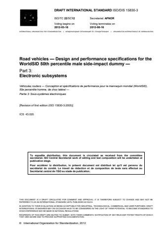 ISO 15830-3:2013 - Road vehicles -- Design and performance specifications for the WorldSID 50th percentile male side-impact dummy