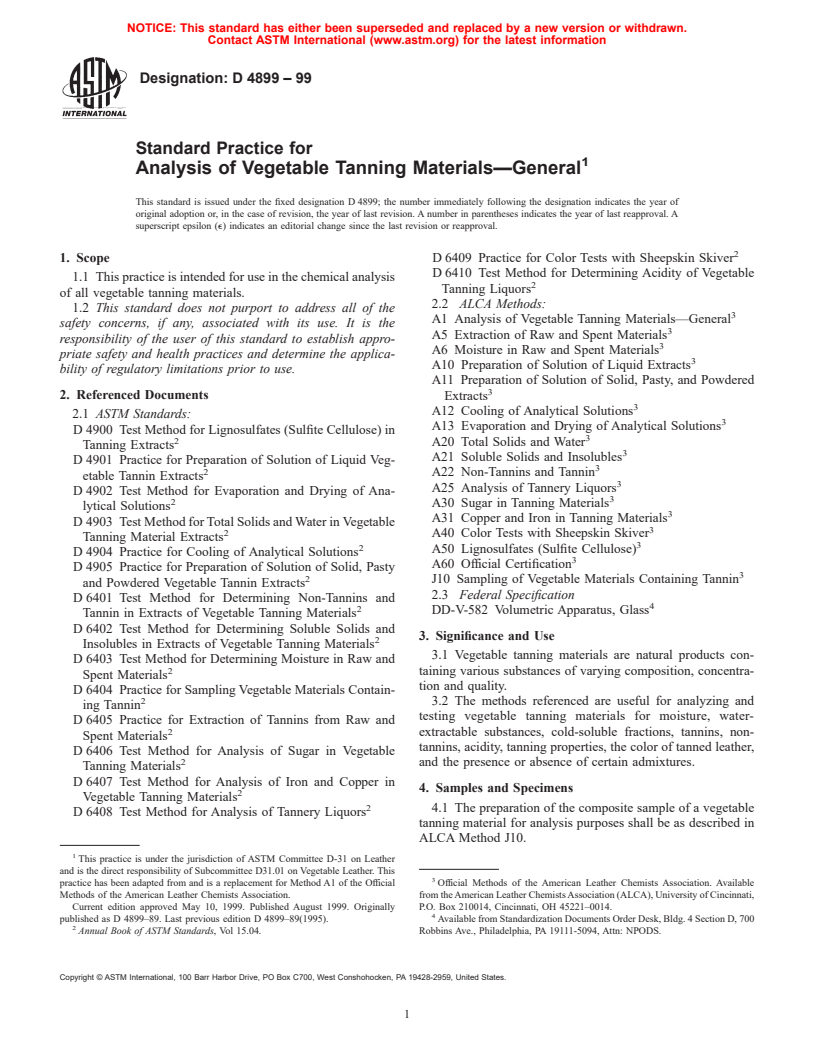 ASTM D4899-99 - Standard Practice for Analysis of Vegetable Tanning Materials-General