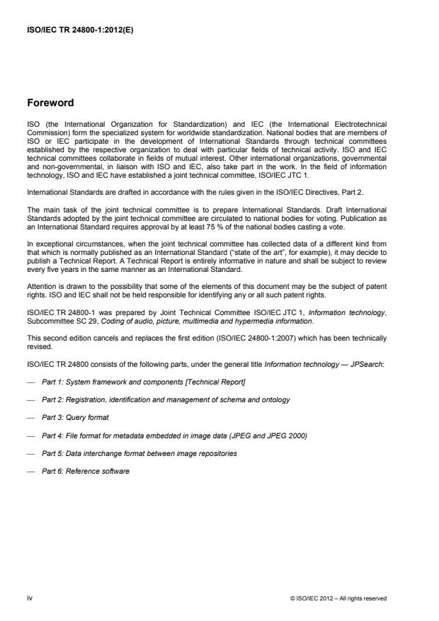 ISO/IEC TR 24800-1:2012 ISO/IEC TR 24800-1:2012 - Information technology -- JPSearch - Page 4 preview