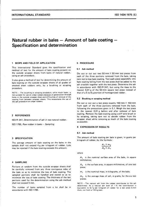 ISO 1434:1975 - Natural rubber in bales -- Amount of bale coating -- Specification and determination