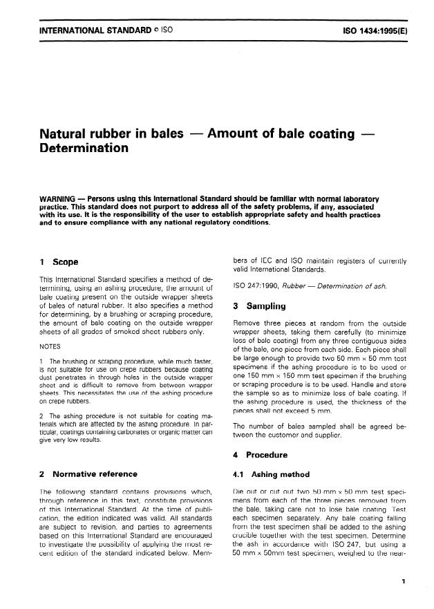 ISO 1434:1995 - Natural rubber in bales -- Amount of bale coating -- Determination