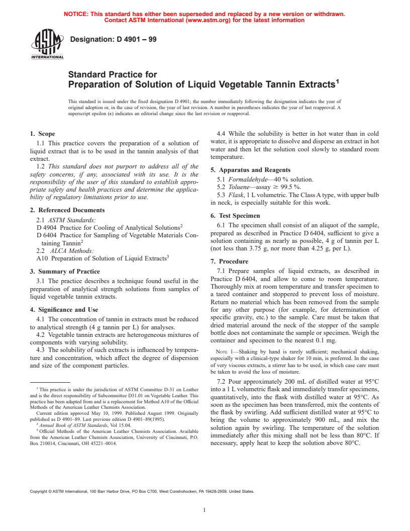 ASTM D4901-99 - Standard Practice for Preparation of Solution of Liquid Vegetable Tannin Extracts