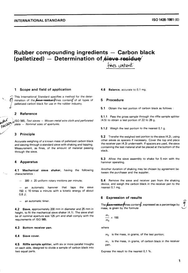 ISO 1435:1981 - Rubber compounding ingredients -- Carbon black (pelletized) -- Determination of sieve residue