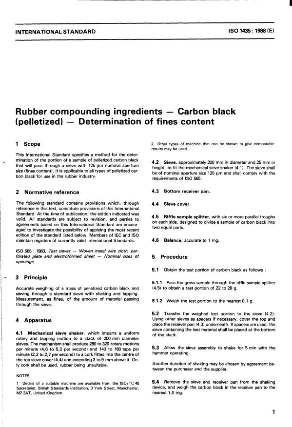 ISO 1435:1988 - Rubber compounding ingredients -- Carbon black (pelletized) -- Determination of fines content