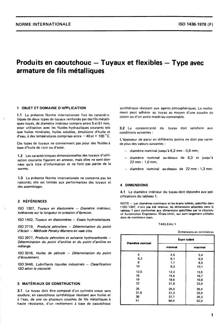 ISO 1436:1978 - Rubber products — Hoses and hose assemblies — Wire reinforced hydraulic type
Released:8/1/1978