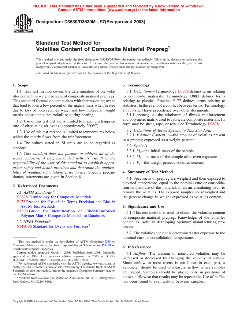 ASTM D3530/D3530M-97(2008) - Standard Test Method for  Volatiles Content of Composite Material Prepreg