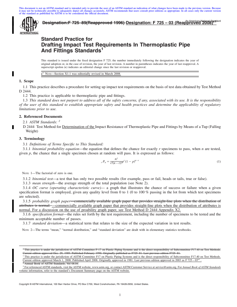 REDLINE ASTM F725-03(2008)e1 - Standard Practice for  Drafting Impact Test Requirements In Thermoplastic Pipe And Fittings Standards