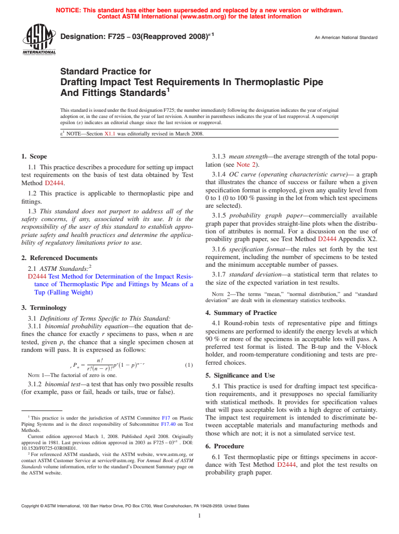 ASTM F725-03(2008)e1 - Standard Practice for  Drafting Impact Test Requirements In Thermoplastic Pipe And Fittings Standards