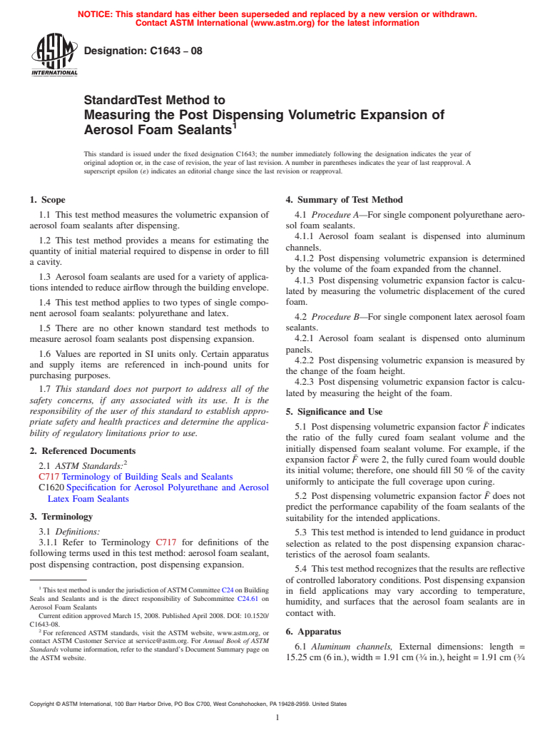 ASTM C1643-08 - Standard Test Method to Measuring the Post Dispensing Volumetric Expansion of Aerosol Foam Sealants