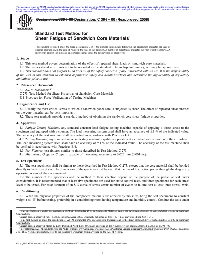 REDLINE ASTM C394-00(2008) - Standard Test Method for Shear Fatigue of Sandwich Core Materials