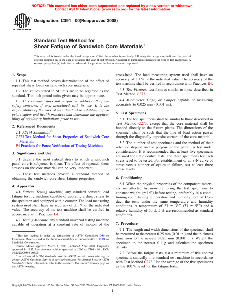 ASTM C394-00(2008) - Standard Test Method for Shear Fatigue of Sandwich Core Materials