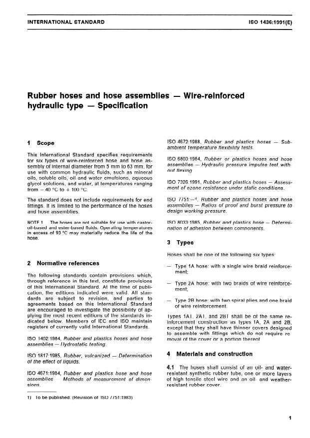 ISO 1436:1991 - Rubber hoses and hose assemblies -- Wire-reinforced hydraulic type -- Specification
