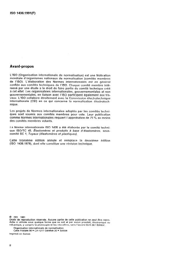 ISO 1436:1991 ISO 1436:1991 - Tuyaux et flexibles en caoutchouc -- Type hydraulique a armature de fils métalliques -- Spécifications - Page 2 preview