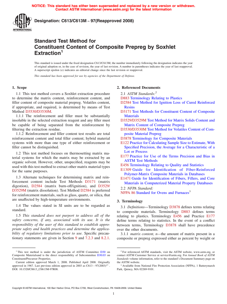 ASTM C613/C613M-97(2008) - Standard Test Method for  Constituent Content of Composite Prepreg by Soxhlet Extraction