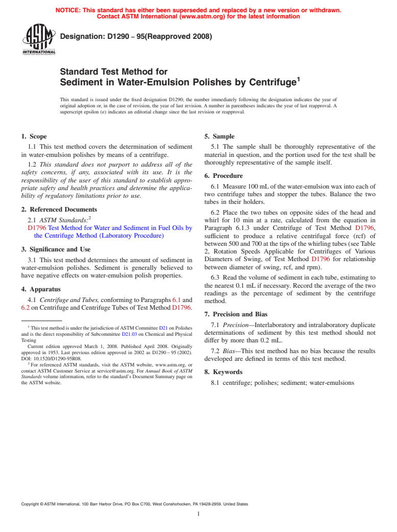 ASTM D1290-95(2008) - Standard Test Method for  Sediment in Water-Emulsion Polishes by Centrifuge