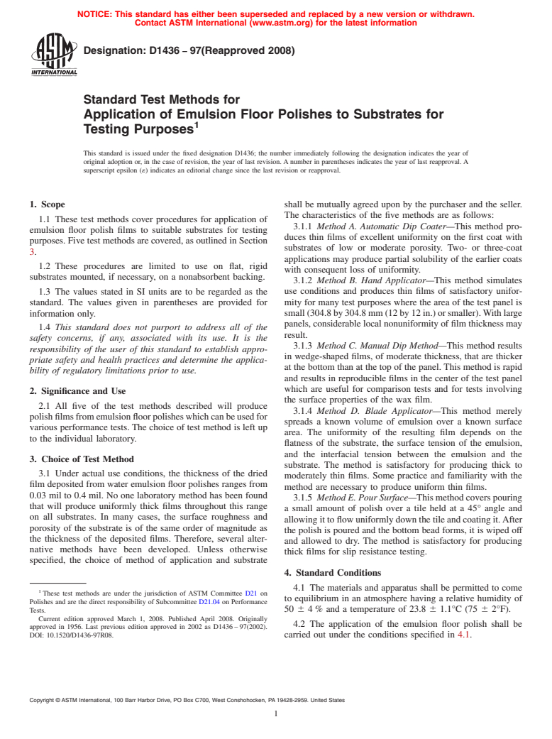 ASTM D1436-97(2008) - Standard Test Methods for  Application of Emulsion Floor Polishes to Substrates for Testing Purposes