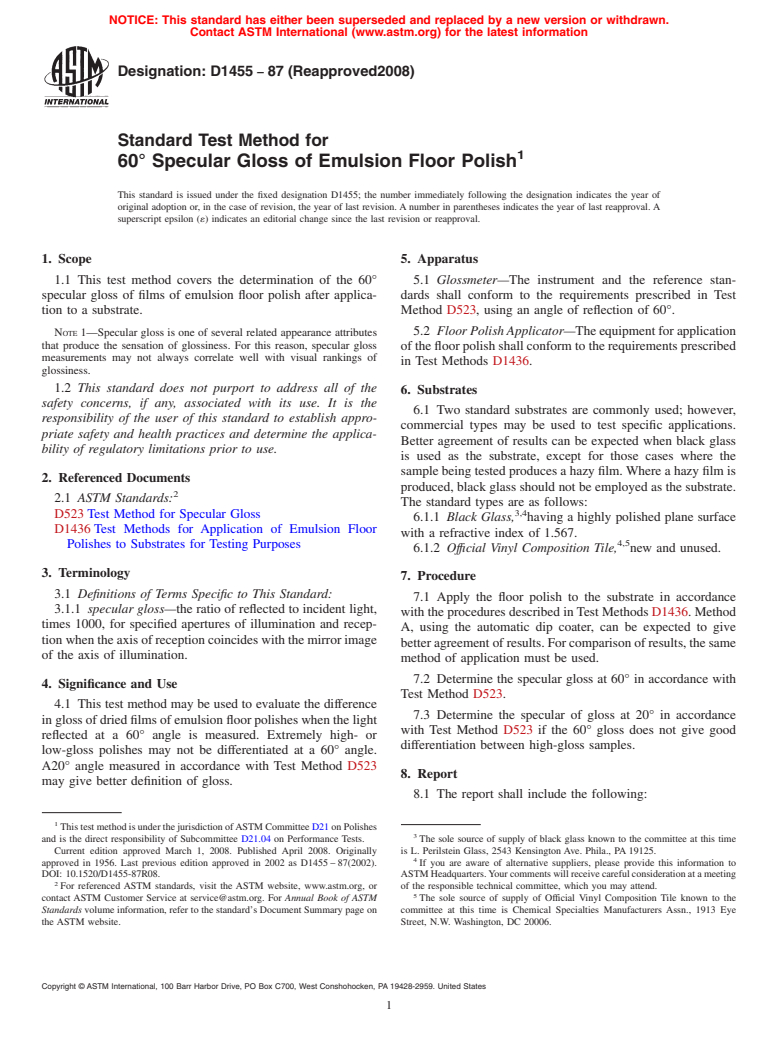 ASTM D1455-87(2008) - Standard Test Method for  60<span class='unicode'>&#x00B0;</span> Specular Gloss of Emulsion Floor Polish