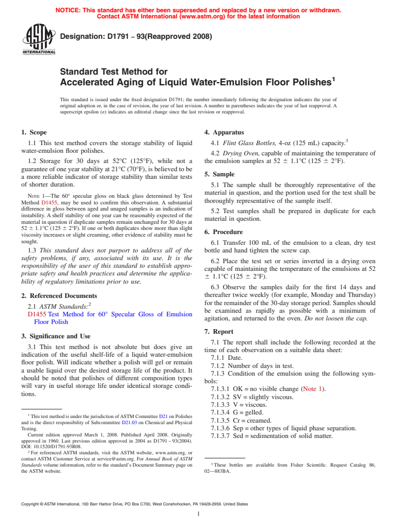 ASTM D1791-93(2008) - Standard Test Method for  Accelerated Aging of Liquid Water-Emulsion Floor Polishes