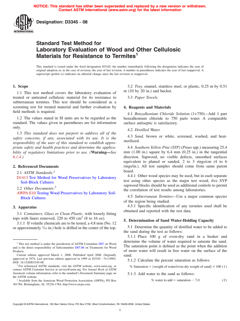 ASTM D3345-08 - Standard Test Method for  Laboratory Evaluation of Wood and Other Cellulosic Materials for Resistance    to Termites